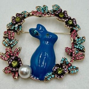 Blue Enamel Rabbit Brooch with Multicolor Accents